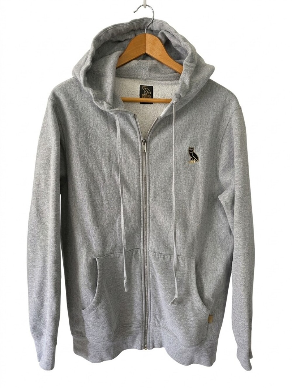 OVO Men’s Light Gray Zip-Up Hoodie Sweater with Owl Logo Sz Large